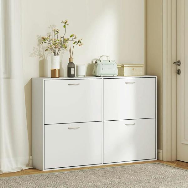 White shoe cabinet with four doors and curved pulls for organized shoe storage