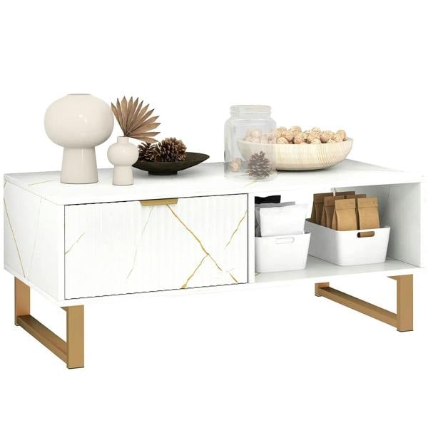 White marble-effect coffee table with open storage compartment under the top