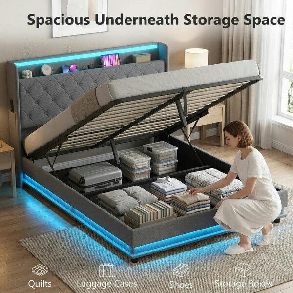 Bobobiy 5ft King Bed Frame with Headboard, Platform Bed Frame with Hydraulic Storage, LED Lights and Charging Station, Grey