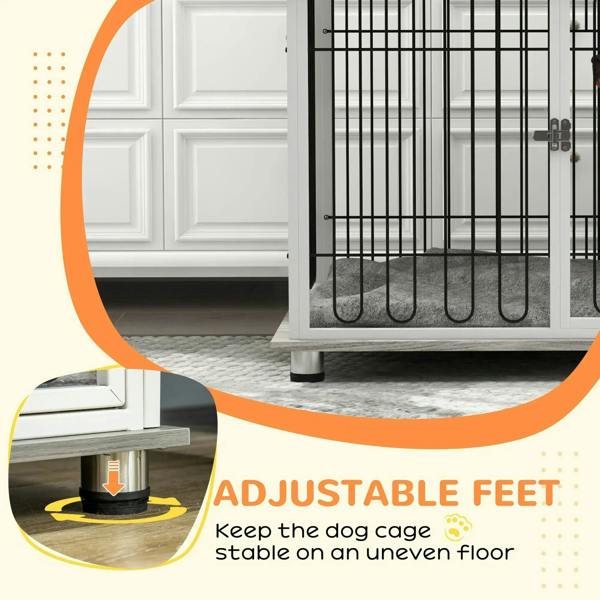 Dog crate furniture with adjustable feet and open black wire door revealing grey cushion
