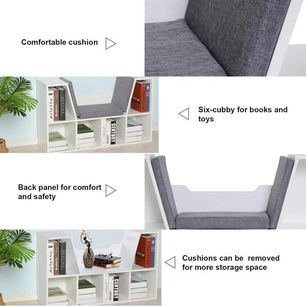 White cube storage shelf with gray removable cushions and open back panel for support