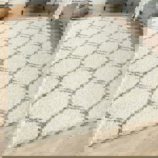 Trellis Design Thick Shaggy Area Rugs Ivory