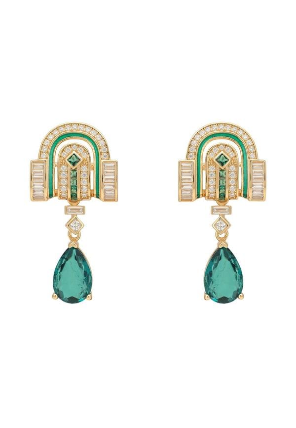 Pair of earrings with green gemstones and gold accents on a white background