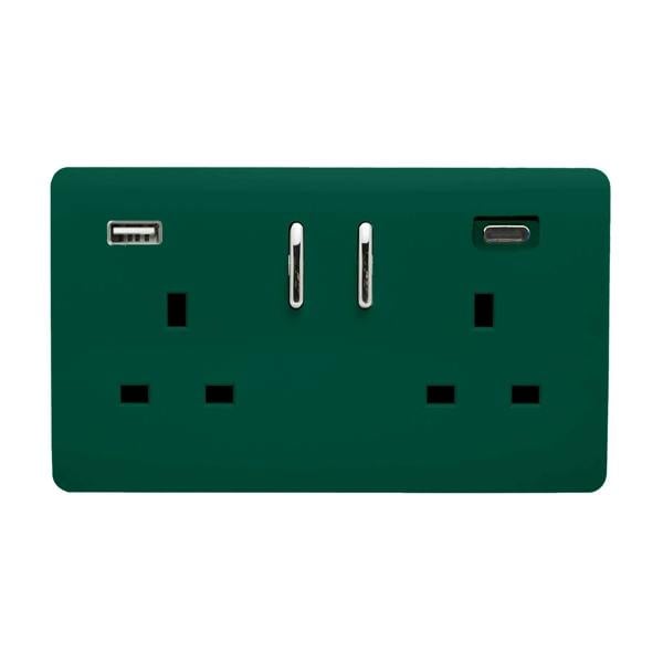Trendi Switch 2 Gang USB 65W Type A & C USB Plug Socket in Dark Forest Green