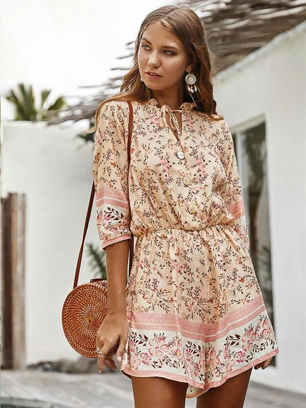 FS Collection Boho Playsuit With Buttons In Cream & Peach Floral Print