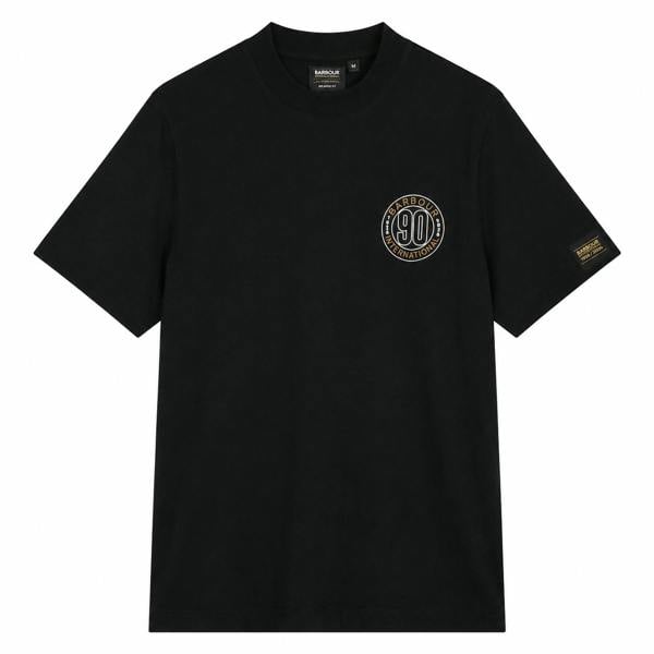 Black Barbour International 90th anniversary graphic t-shirt with a circular chest logo and sleeve patch.
