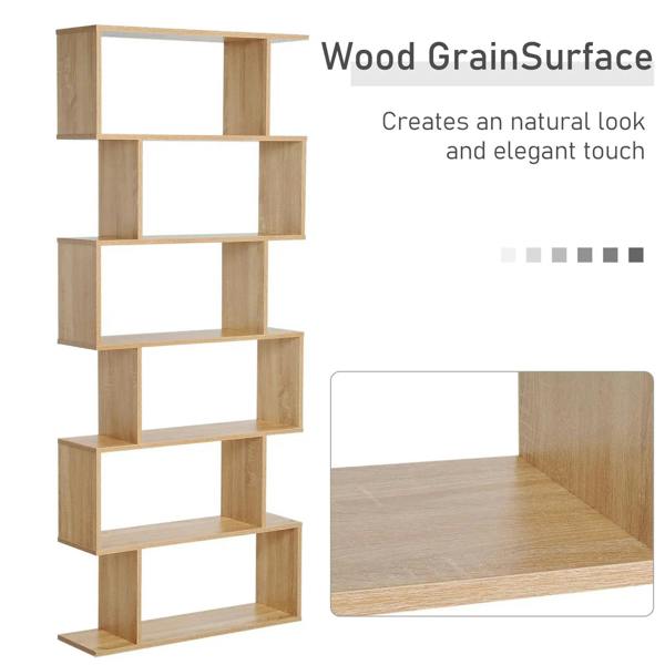 Oak 6-tier S-shaped bookshelf with wood-grain surface and open rectangular shelves