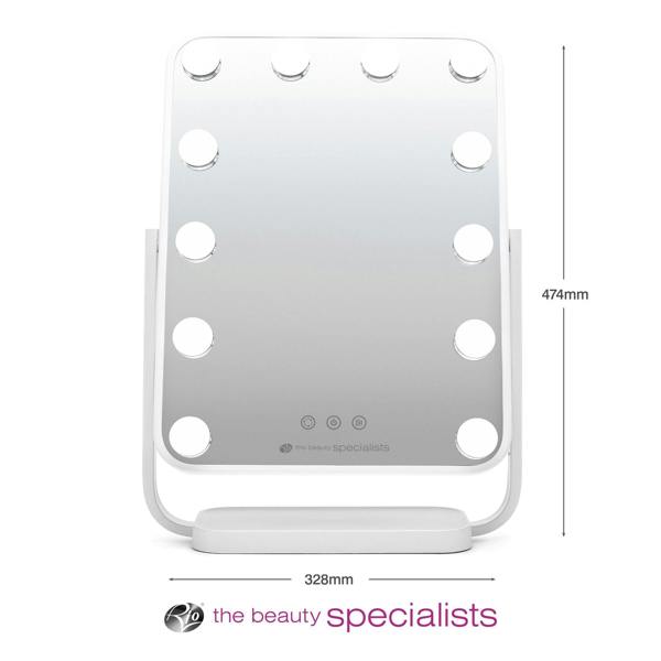 Hollywood glamour dressing table mirror with arrows labelling height 474mm and width 328mm