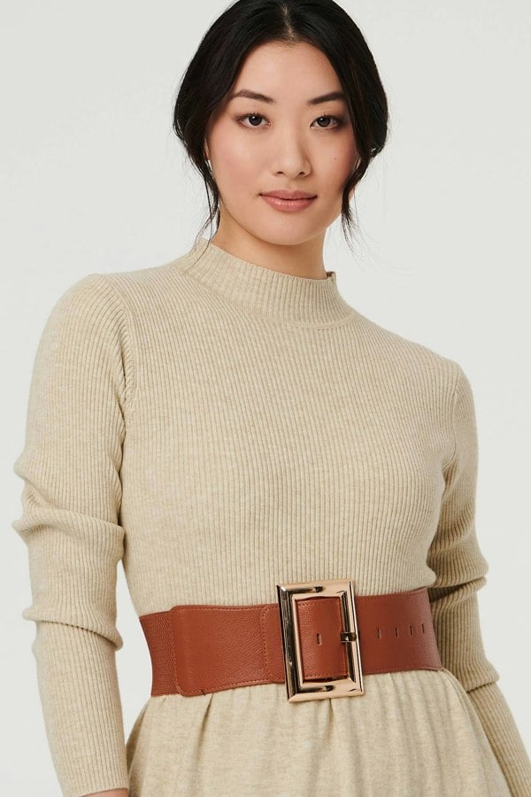 Tan | Rectangle Buckle Stretch Wide Belt
