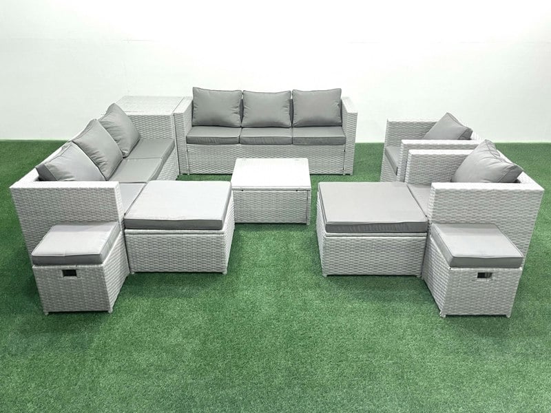 Fimous Garden Outdoor Furniture Set 12 Seater Rattan Sofa Set with 4 Footstools Side Table Light Grey Mixed