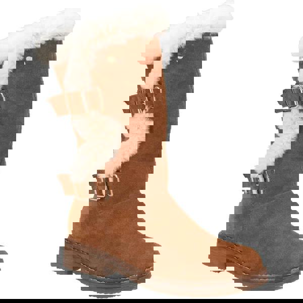 Hush Puppies Megan Womens Tall Hi Zip Up Mid Calf Boots - Wide, brown suede winter boots with faux fur trim and buckle accents.