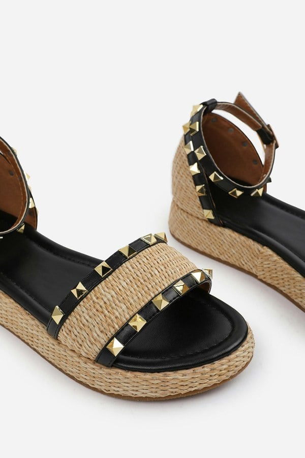 Where's That From Aviva Studded Gladiator Braided Strap Espadrille Flatform  in Black Faux Leather