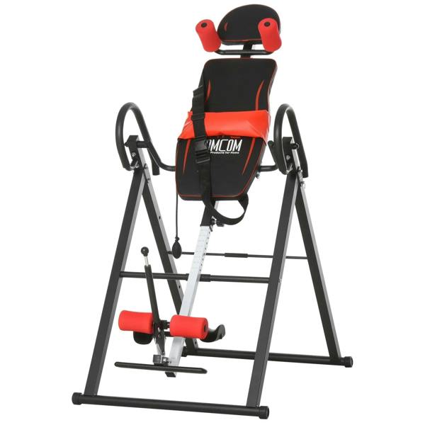 Gravity inversion table with safety belt, red and black, padded headrest and hand stands