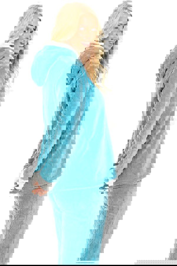 Camille Womens Light Blue Supersoft Fleece Hooded Pyjama Set