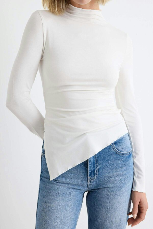 WOVCOR High Neck Asymmetric Long Sleeve Fitted Blouse