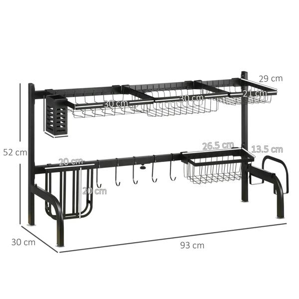Black over-sink 2-tier dish rack with wire baskets, hooks, and curved side handles
