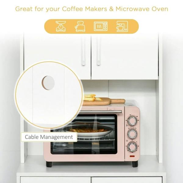 White cabinet with open oven/microwave bay, cord pass-through, and door handles