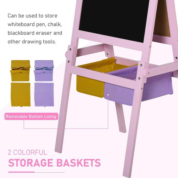 Pink wooden art easel with two removable storage baskets for drawing tools