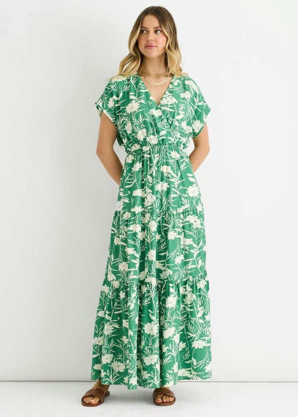Gini London Green Floral Elastic Waist Maxi Dress