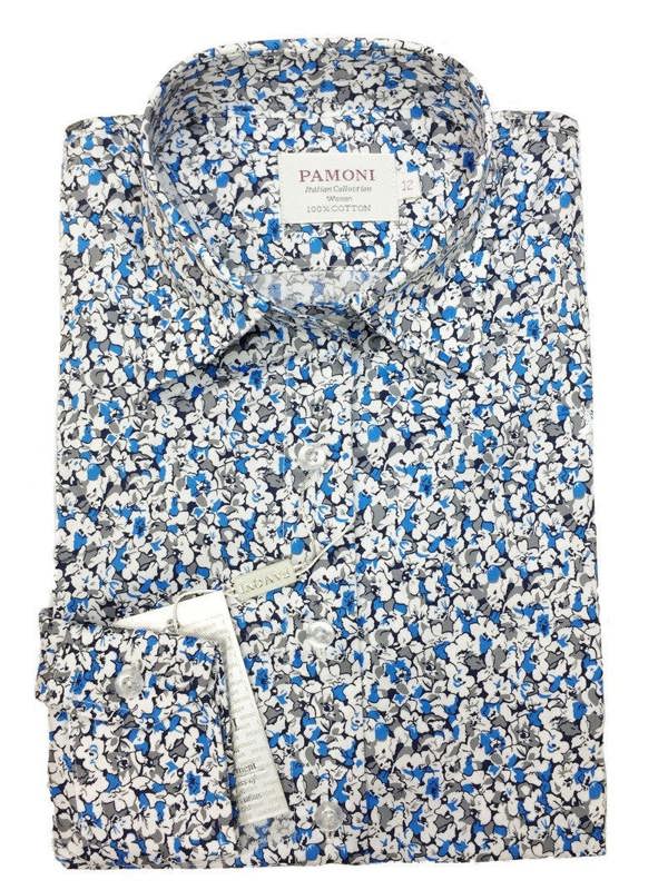 Blue & White Floral Print Fitted Shirt - Pamoni