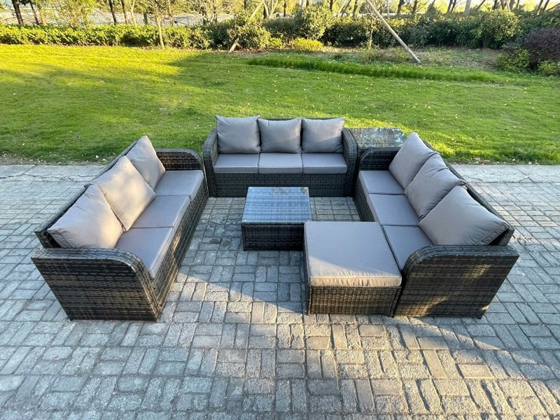 Fimous Patio Garden Furniture Sets Wicker 10 Seater Outdoor Rattan Furniture Sofa Sets with Square Coffee Table Big Footstool Side Table
