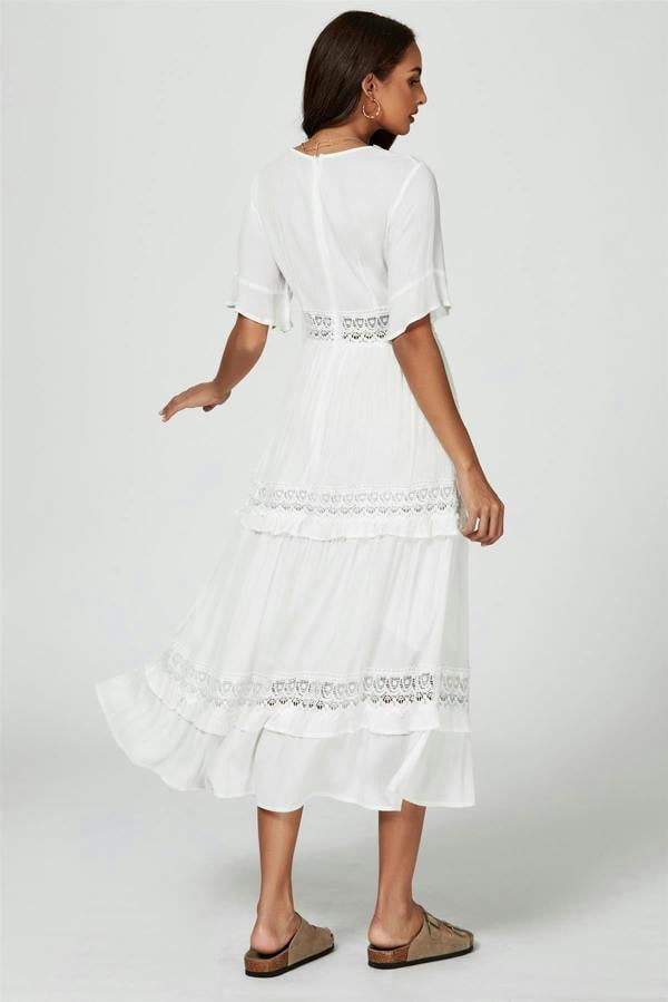 FS Collection V Neck Lace Detail Midi Dress In White