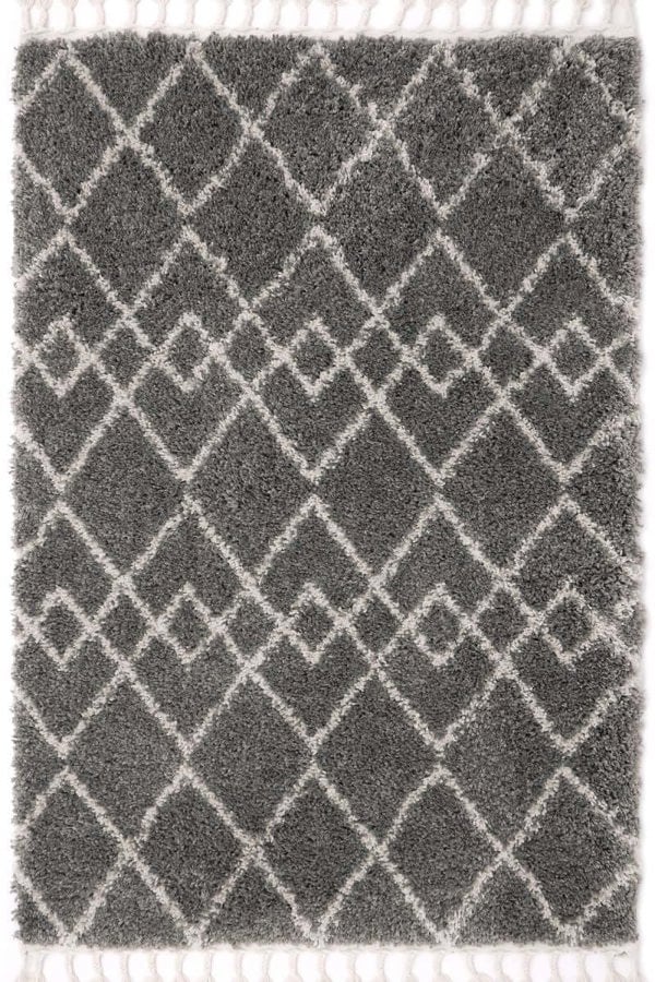 Moroccan-style rug in grey and ivory featuring an intricate geometric pattern, perfect for adding style to any room.