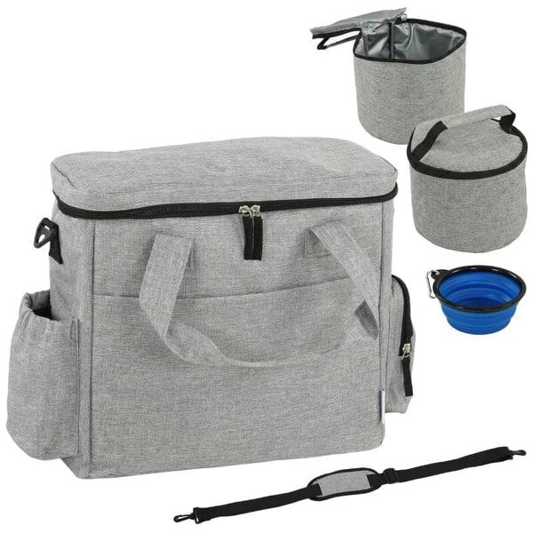 Dog Travel Bag, Waterproof Walking Bag with Multiple Pockets, Two Food Containers and Collapsible Bowl for Cat Puppy
