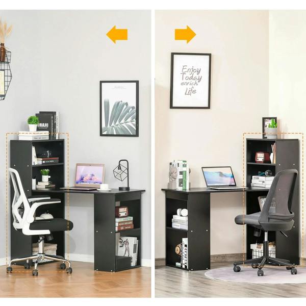 Black computer desk with open shelves and side storage bookcase, with rolling chair