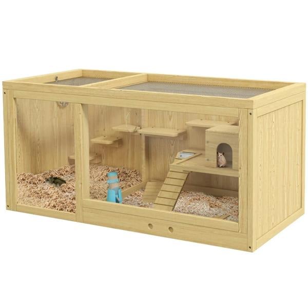 Natural wood hamster cage with open front, platforms, hut, ladder, and water bottle