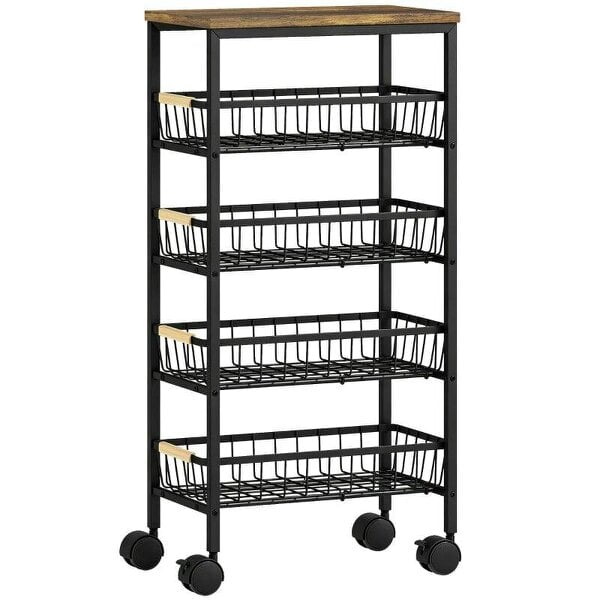 Metal Kitchen Trolley, 4-Tier Storage Trolley with Pull-Out Baskets and 4 Swivel Casters for Kitchen, Rustic Brown