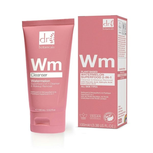 Dr Botanicals Watermelon Superfood 2-in-1 Cleanser & Makeup Remover 100ml with Glycolic Acid, Salicylic Acid and Lactic Acid