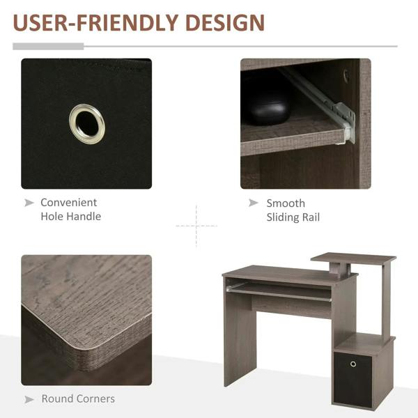 Grey computer desk with round corners and hole handle on side fabric drawer