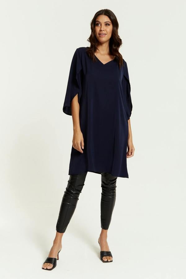 Hoxton Gal Oversized V Neck Tunic with Split Sleeves in Navy