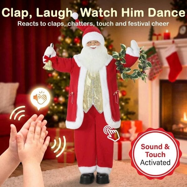 Bobobiy 5ft Life Size Singing Santa Claus, Standing Christmas Animated Santa Figure with Bell and Wreath, Sound/Touch Activated