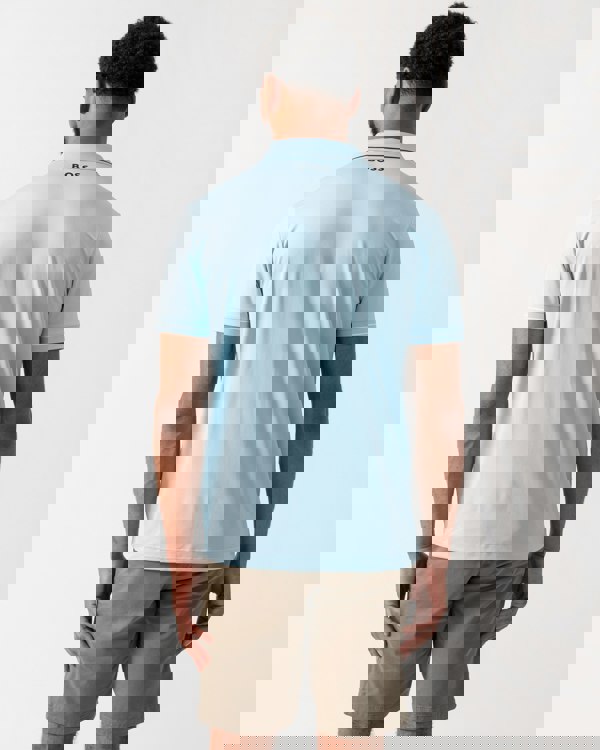 back of a model wearing a BOSS Green Paul Pro Mens Tipped Polo Shirt in Light Pastel Blue