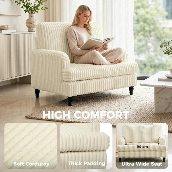Corduroy Single Sofa Armchair, Modern Accent Chair with Stripes, Turned Legs and Wide Seat, Cream