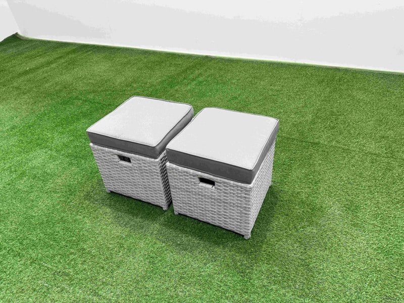 Fimous 8 PCs Rising Dining Table Set Rattan Furniture Set with 3 Seater Sofa 3 Footstools 2 Side Tables Light Grey