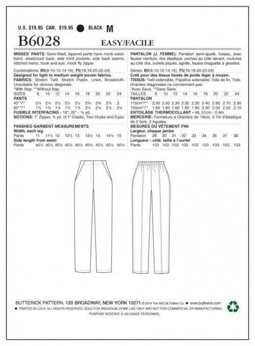 Butterick Sewing Pattern 6028, Trousers for Women, 8-10-12-14-16 - Easy