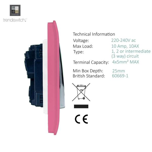 Trendi Switch 4 Gang Light Switch (2x 1 or 2 Way & 2 x Intermediate)in Candy Pink