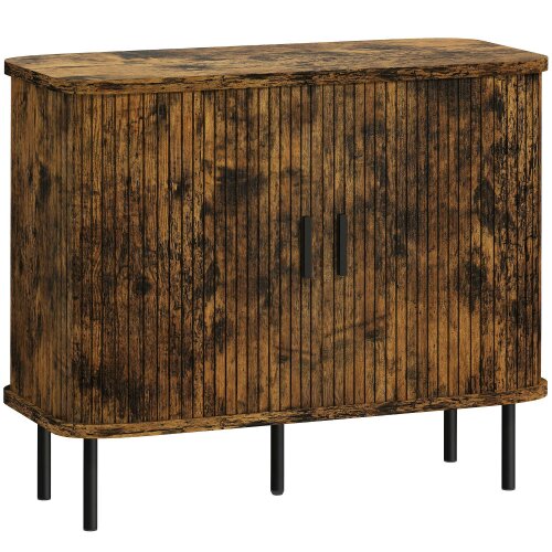 Wyld Haus Lasa Rustic Brown Mid Century Sideboard With Slatted Sliding Doors And Steel Legs