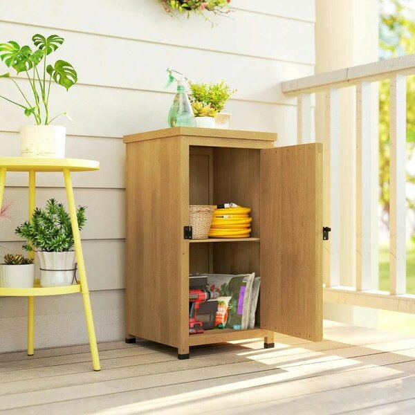 Wooden Garden Shed, Garden Tool Storage Shed with Metal Top and Shelf, Light Brown - Light Grey