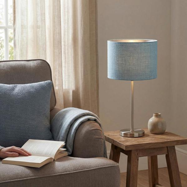Contemporary and Sleek Blue Nova Plain Linen Fabric Drum Lamp Shade Image 6