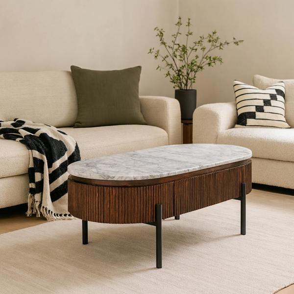 Wyld Haus Alabama Ribbed Mango Wood Oval Coffee Table With Marble Top and Metal Legs