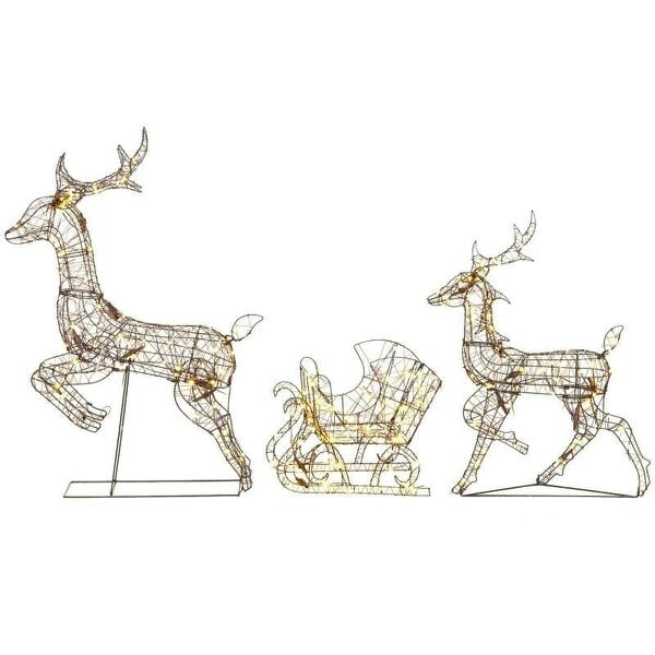 Bobobiy 3-Piece Lighted Reindeer and Sleigh Set, PP Rattan Outdoor Christmas Decoration with LEDs, 8 Modes, Daily Timer