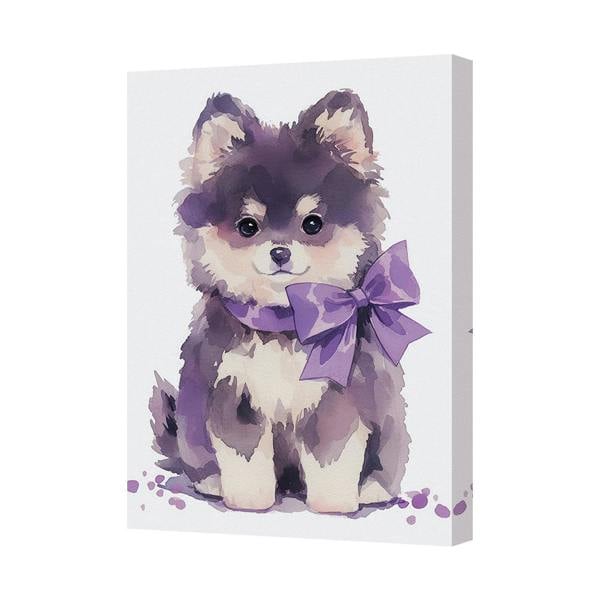 Benjamin Tate Design Watercolor Puppy Canvas Print With Purple Bow Wall Art