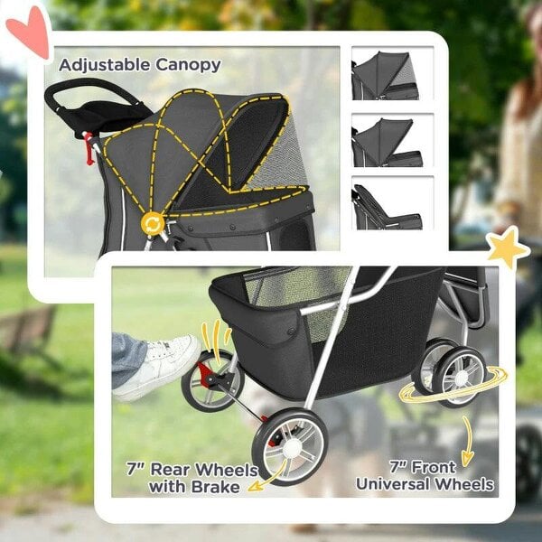 Dog Stroller, 3 Wheels Foldable Pet Stroller with Adjustable Canopy, Storage Basket for Small Mini Breeds, Dark Grey