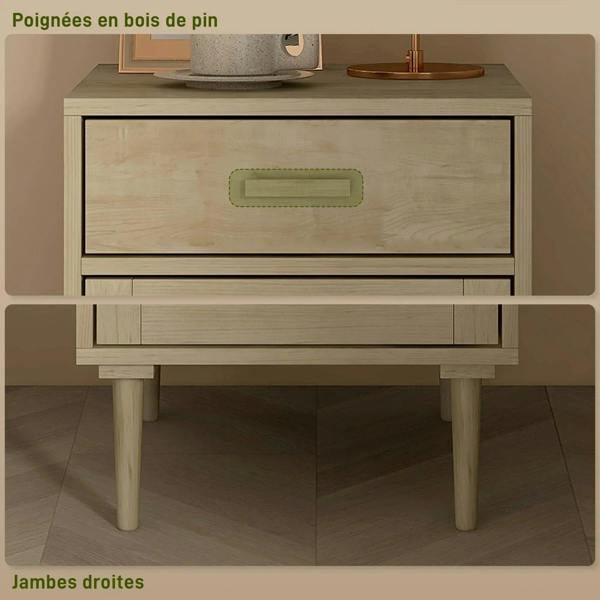 Natural wood bedside table drawer with recessed pull handle and matching side panels.