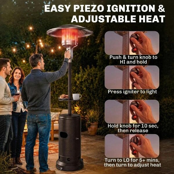 Bobobiy Gas Patio Heater with Table Tray, 13 kW Portable Propane Outdoor Heater with Piezo Ignition, Tip-over Protection, Brown