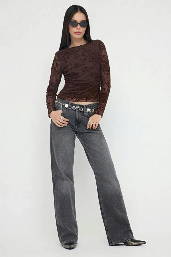 WOVCOR Flock Printed Tulle Long-Sleeved Boat Neck Knitted Blouse